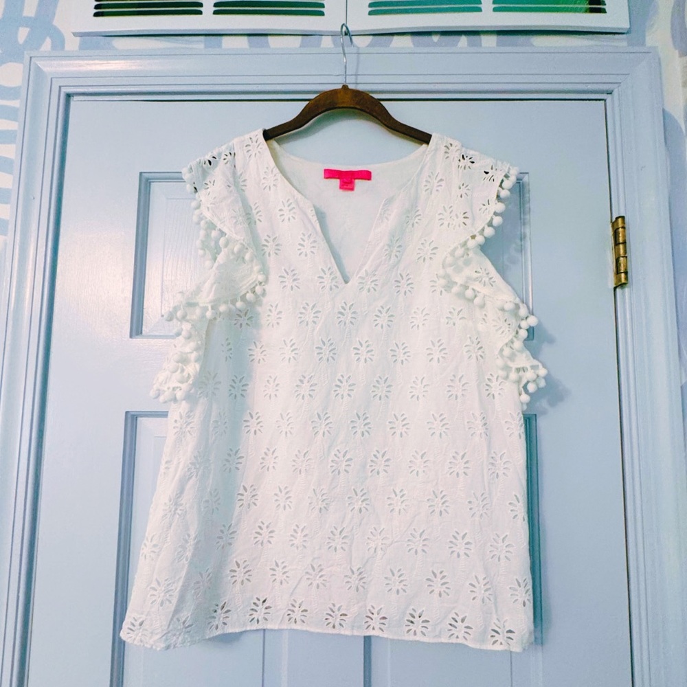 Lilly Pulitzer Astara Top - Palm Tree Lace White Eyelet Blouse with Pom-Pom Trim